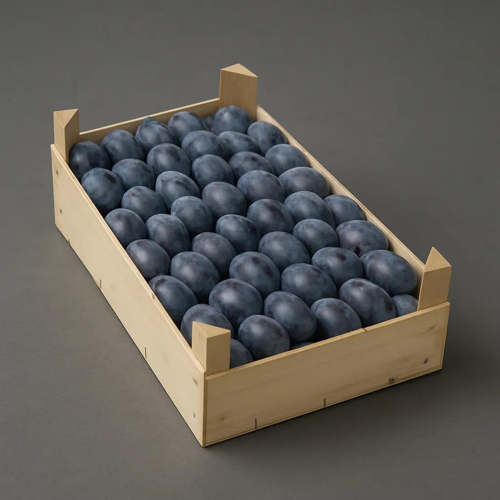 Wooden box with export-ready plums